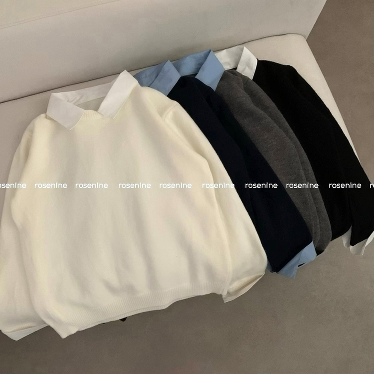 (일체형) 카라 셔츠 레이어드 라운드넥 긴팔 니트 가을 가을옷 하객룩 (4color)