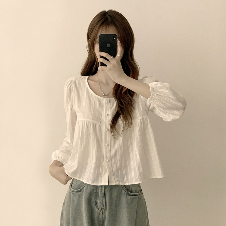 몽글 라운드 프릴 버튼 가을 긴팔 블라우스 소매 퍼프 하객룩 상의 아이보리