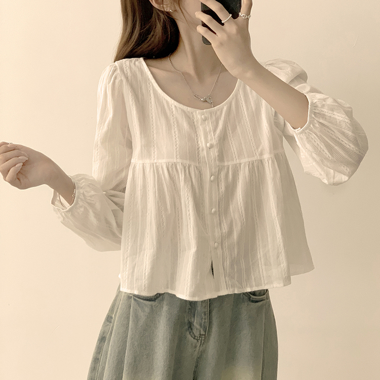 몽글 라운드 프릴 버튼 가을 긴팔 블라우스 소매 퍼프 하객룩 상의 아이보리
