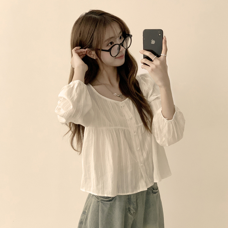 몽글 라운드 프릴 버튼 가을 긴팔 블라우스 소매 퍼프 하객룩 상의 아이보리