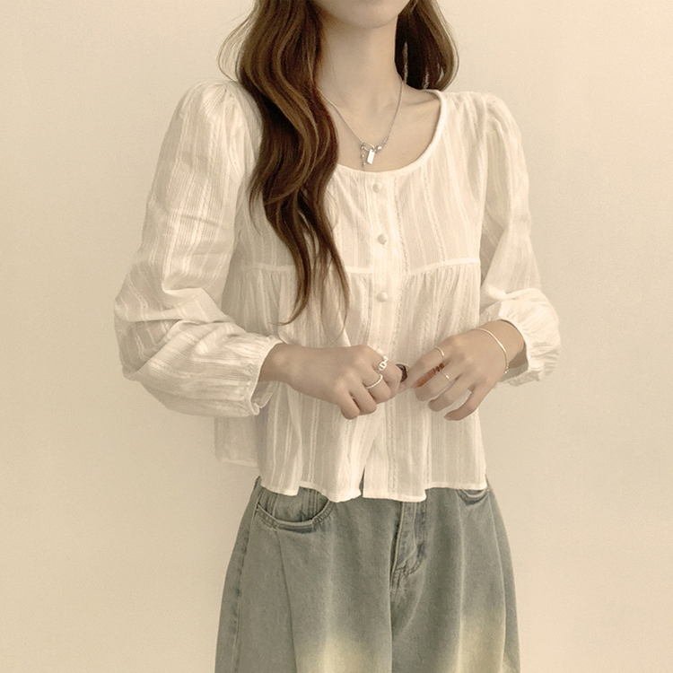 몽글 라운드 프릴 버튼 가을 긴팔 블라우스 소매 퍼프 하객룩 상의 아이보리