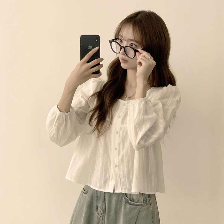 몽글 라운드 프릴 버튼 가을 긴팔 블라우스 소매 퍼프 하객룩 상의 아이보리