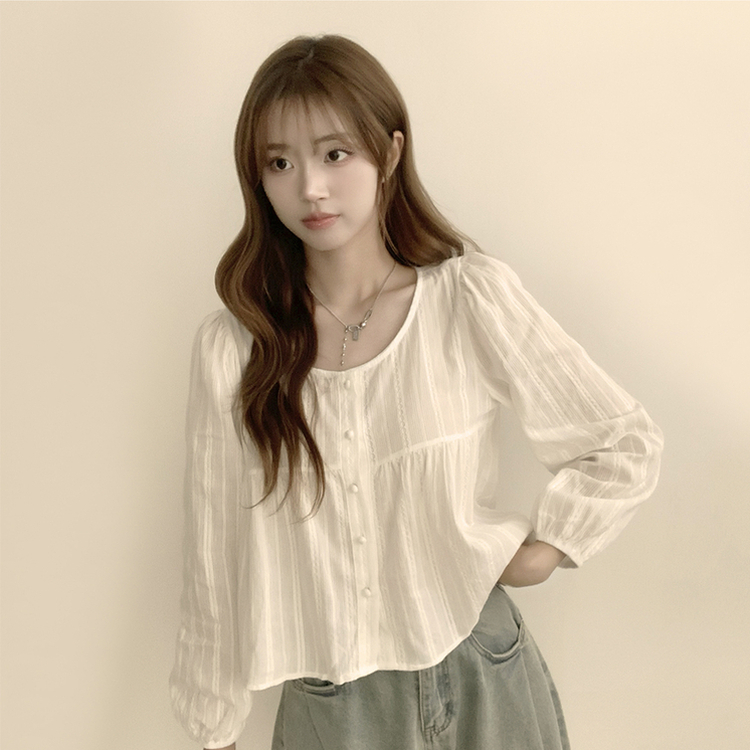 몽글 라운드 프릴 버튼 가을 긴팔 블라우스 소매 퍼프 하객룩 상의 아이보리