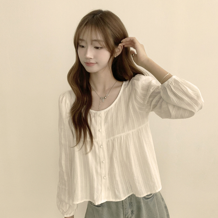 몽글 라운드 프릴 버튼 가을 긴팔 블라우스 소매 퍼프 하객룩 상의 아이보리