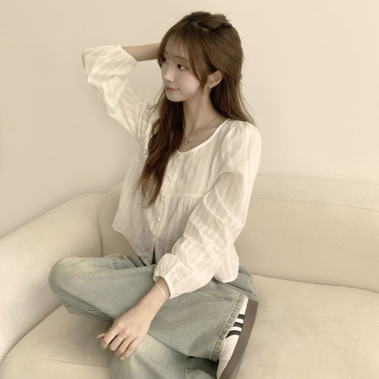 몽글 라운드 프릴 버튼 가을 긴팔 블라우스 소매 퍼프 하객룩 상의 아이보리