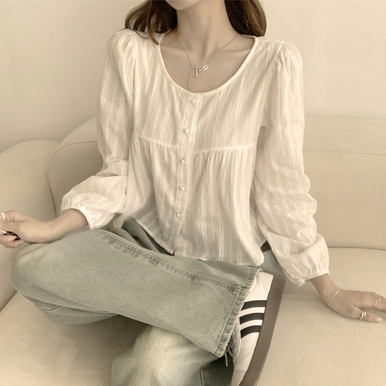 몽글 라운드 프릴 버튼 가을 긴팔 블라우스 소매 퍼프 하객룩 상의 아이보리