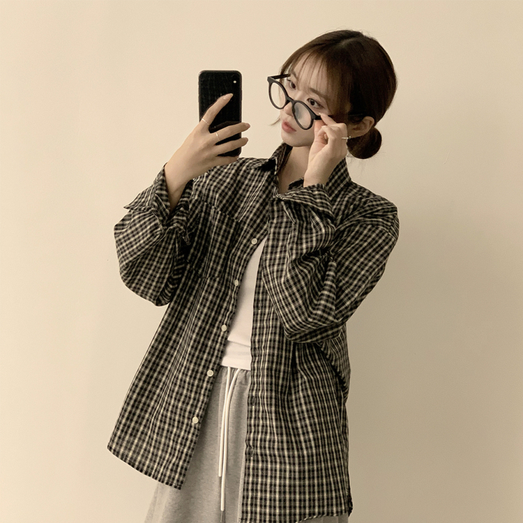 스미스 가을 카라 오버핏 빈티지 포켓 체크 셔츠 루즈핏 남방 긴팔 블랙