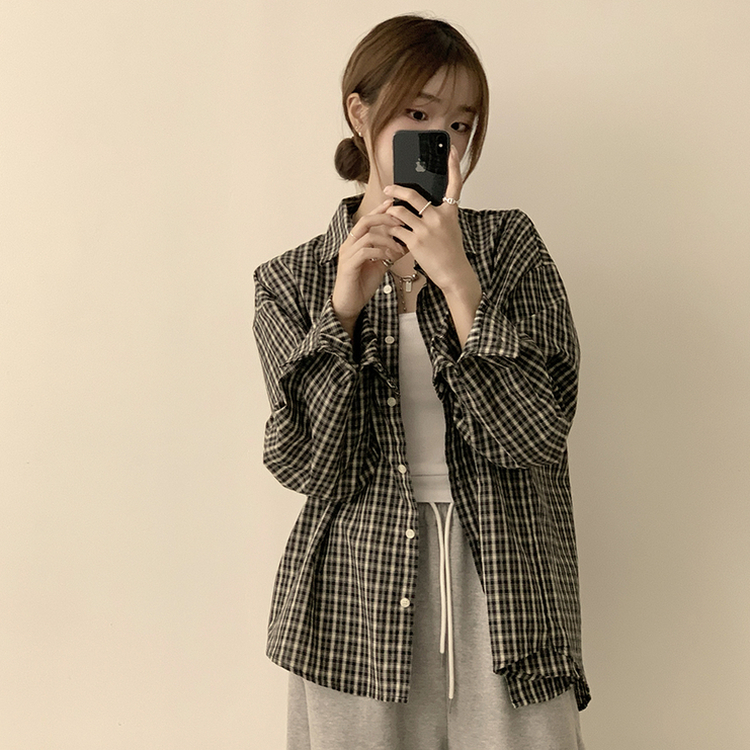 스미스 가을 카라 오버핏 빈티지 포켓 체크 셔츠 루즈핏 남방 긴팔 블랙