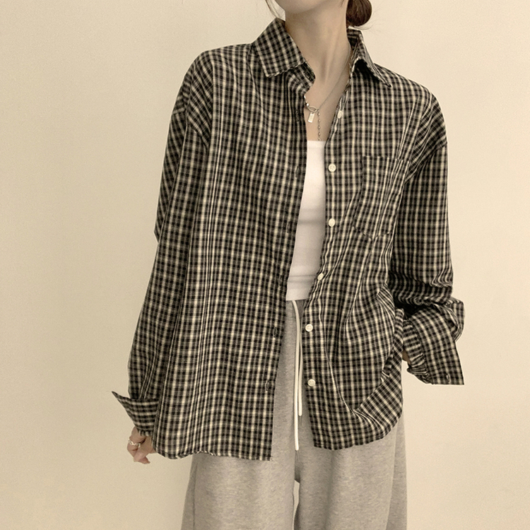 스미스 가을 카라 오버핏 빈티지 포켓 체크 셔츠 루즈핏 남방 긴팔 블랙