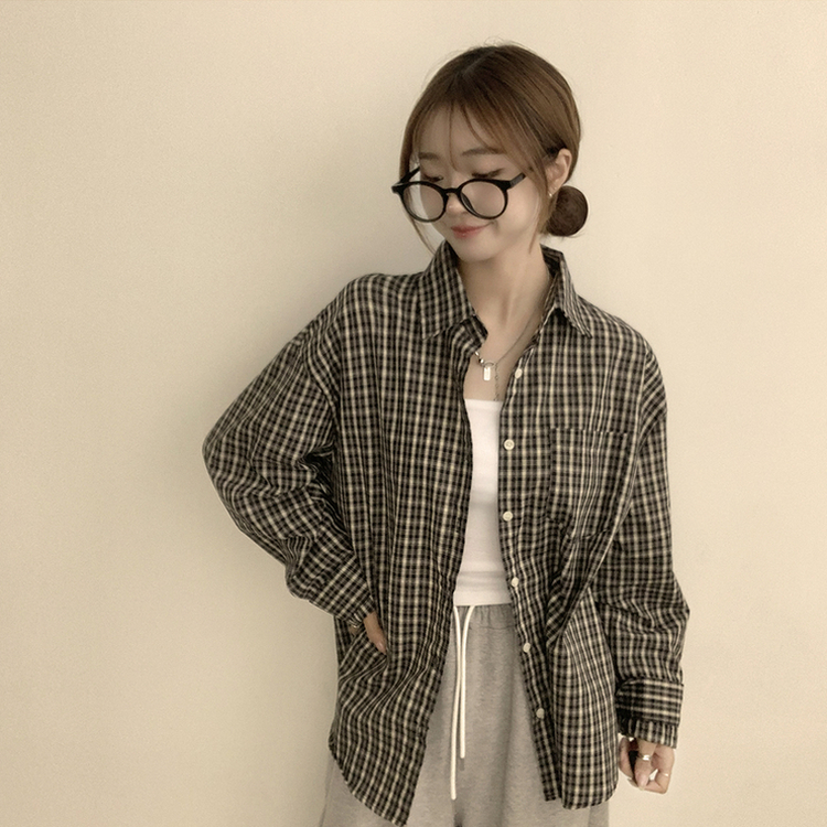 스미스 가을 카라 오버핏 빈티지 포켓 체크 셔츠 루즈핏 남방 긴팔 블랙