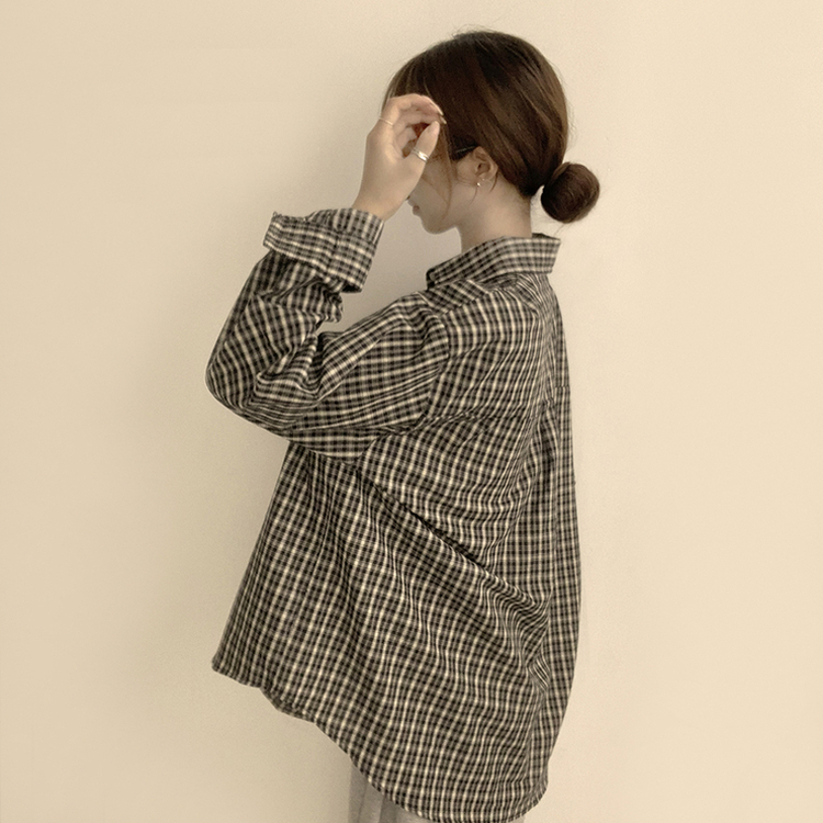 스미스 가을 카라 오버핏 빈티지 포켓 체크 셔츠 루즈핏 남방 긴팔 블랙