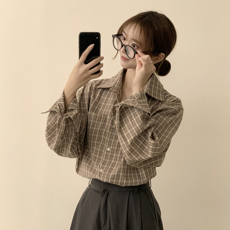 스미스 가을 카라 오버핏 빈티지 포켓 체크 셔츠 루즈핏 남방 긴팔 브라운