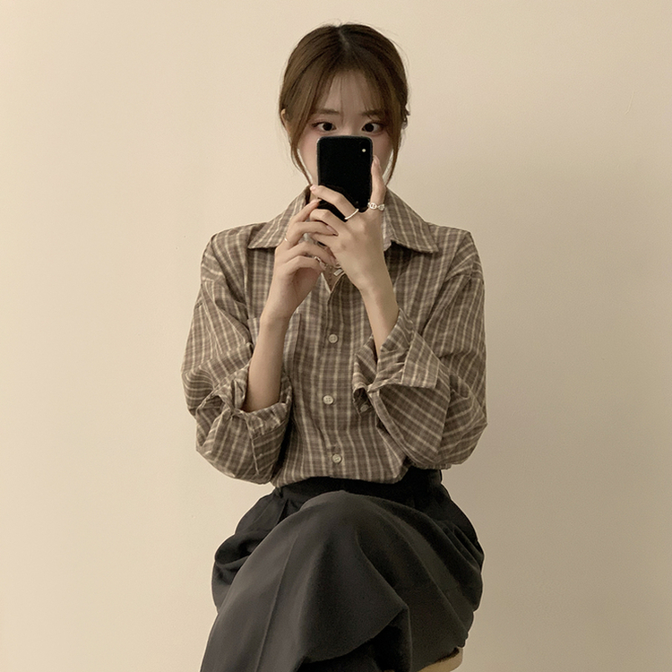 스미스 가을 카라 오버핏 빈티지 포켓 체크 셔츠 루즈핏 남방 긴팔 브라운