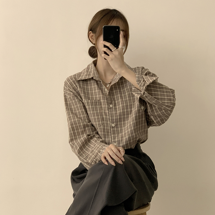 스미스 가을 카라 오버핏 빈티지 포켓 체크 셔츠 루즈핏 남방 긴팔 브라운