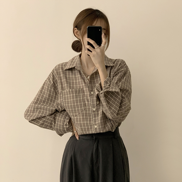 스미스 가을 카라 오버핏 빈티지 포켓 체크 셔츠 루즈핏 남방 긴팔 브라운
