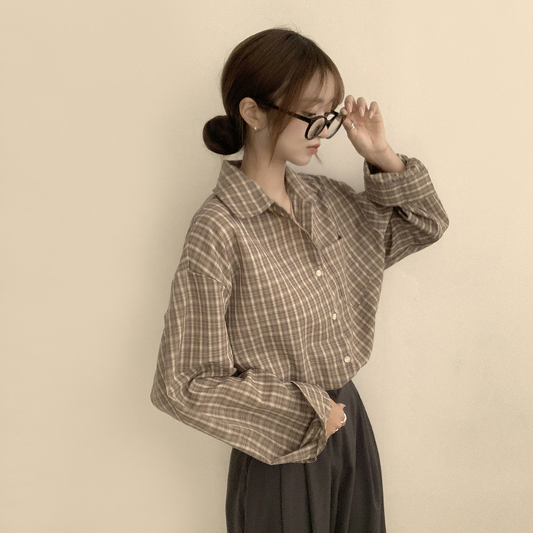 스미스 가을 카라 오버핏 빈티지 포켓 체크 셔츠 루즈핏 남방 긴팔 브라운