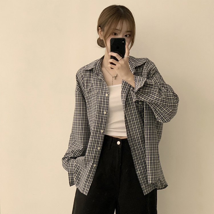 스미스 가을 카라 오버핏 빈티지 포켓 체크 셔츠 루즈핏 남방 긴팔 곤색