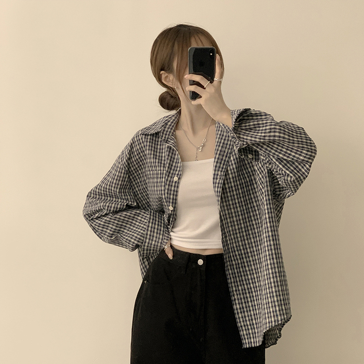 스미스 가을 카라 오버핏 빈티지 포켓 체크 셔츠 루즈핏 남방 긴팔 곤색