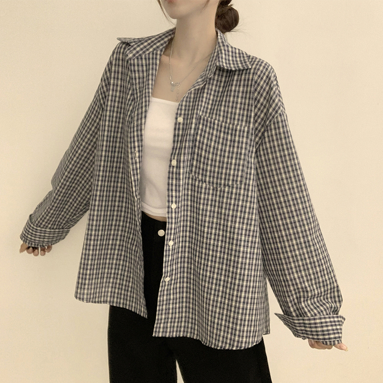 스미스 가을 카라 오버핏 빈티지 포켓 체크 셔츠 루즈핏 남방 긴팔 곤색