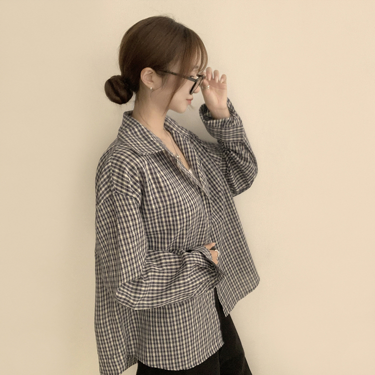 스미스 가을 카라 오버핏 빈티지 포켓 체크 셔츠 루즈핏 남방 긴팔 곤색