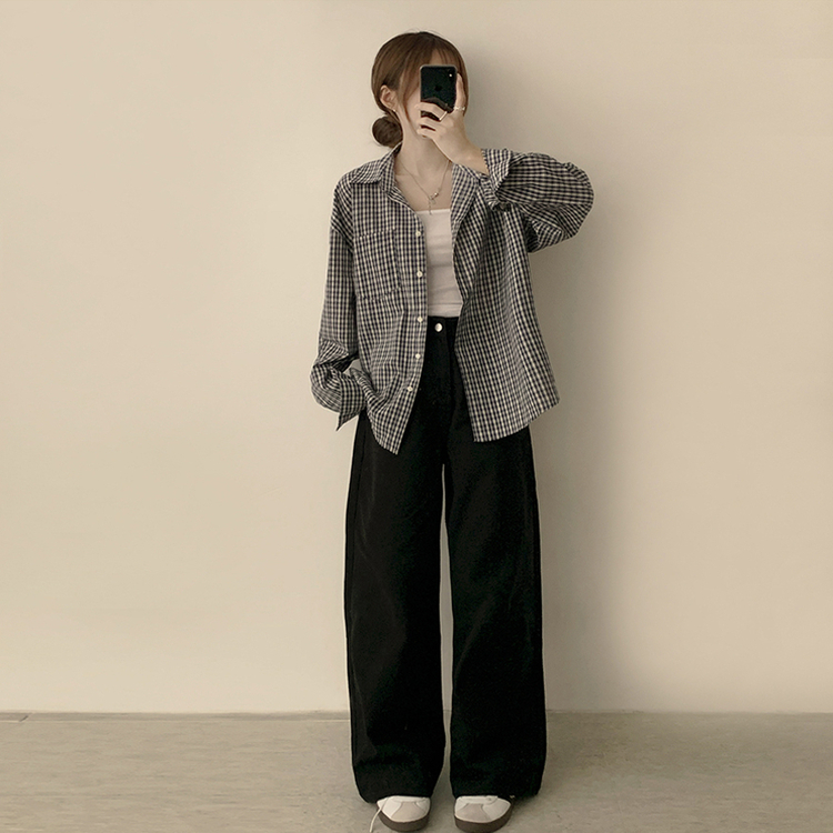 스미스 가을 카라 오버핏 빈티지 포켓 체크 셔츠 루즈핏 남방 긴팔 곤색