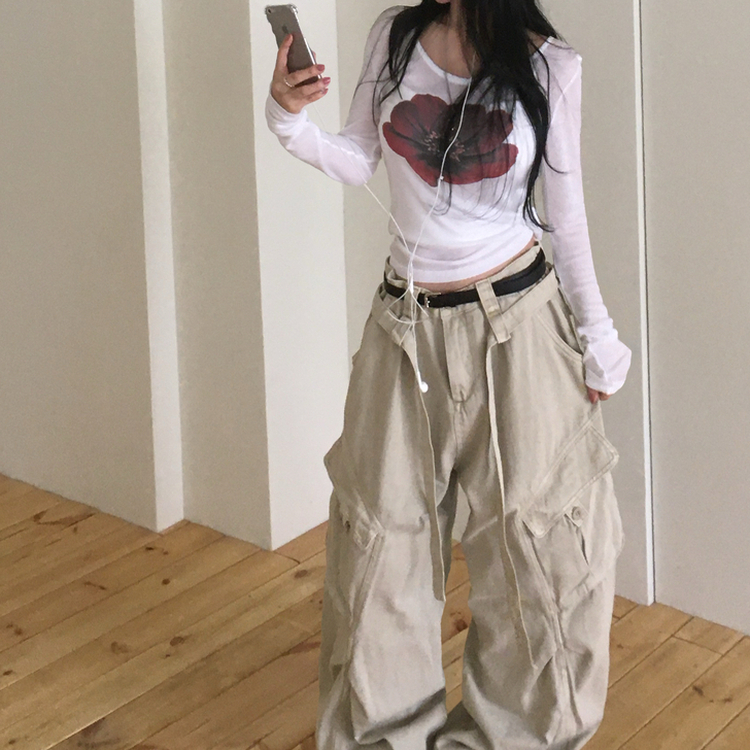 シースルーフラワーUネック長袖Tシャツ WHITE