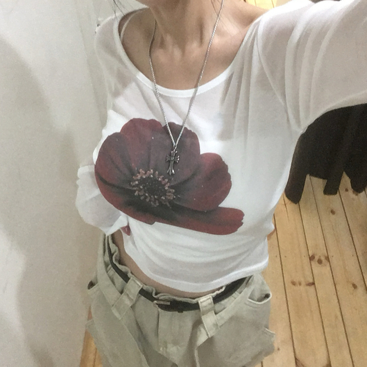 シースルーフラワーUネック長袖Tシャツ WHITE