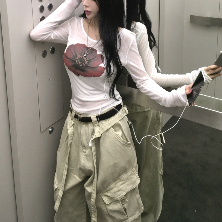 シースルーフラワーUネック長袖Tシャツ WHITE