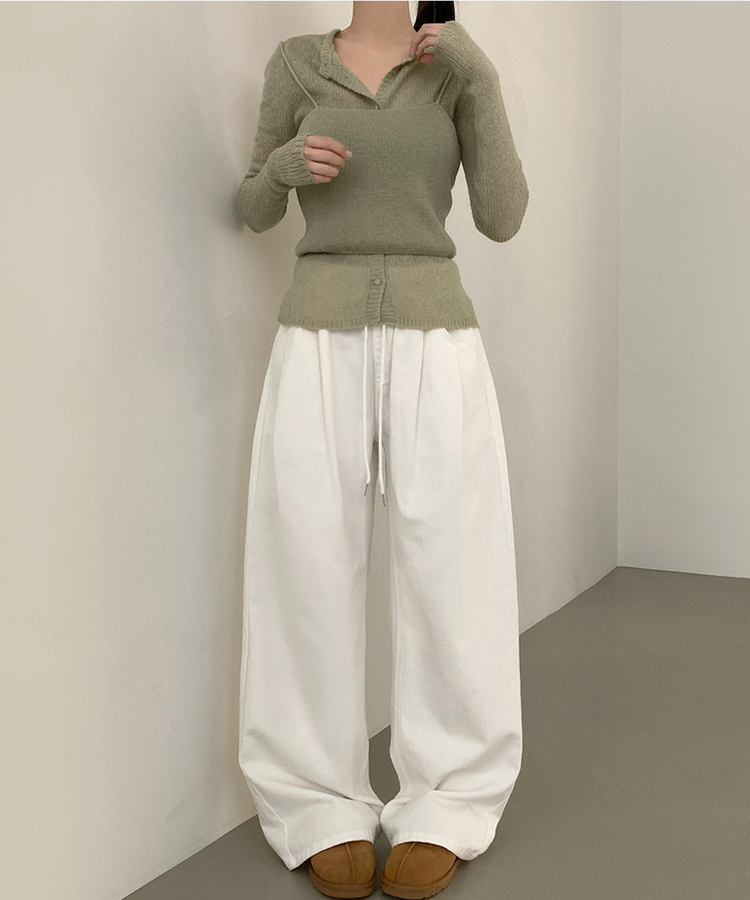 3XL어텀 피치 가공 핀턱 루즈 와이드핏 밴딩 면팬츠 화이트