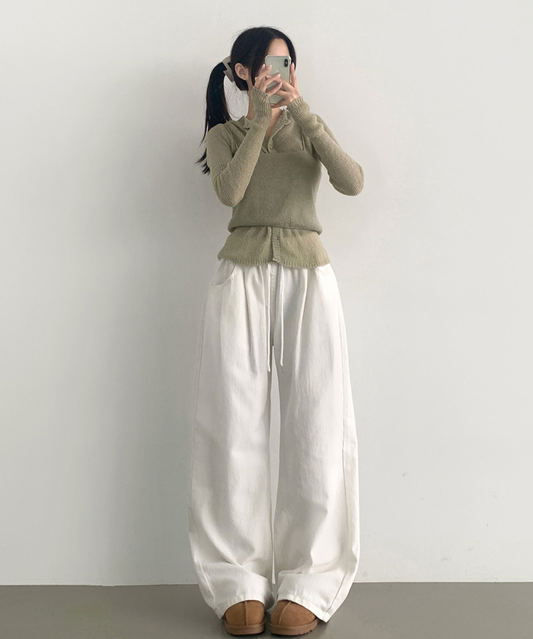 3XL어텀 피치 가공 핀턱 루즈 와이드핏 밴딩 면팬츠 화이트