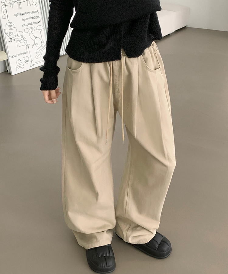 3XL어텀 피치 가공 핀턱 루즈 와이드핏 밴딩 면팬츠 베이지