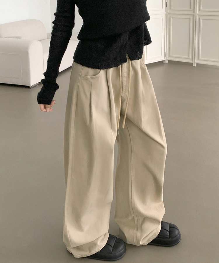 3XL어텀 피치 가공 핀턱 루즈 와이드핏 밴딩 면팬츠 베이지