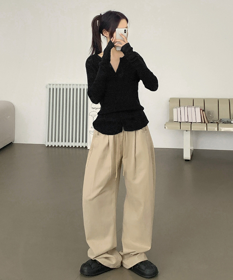 3XL어텀 피치 가공 핀턱 루즈 와이드핏 밴딩 면팬츠 베이지