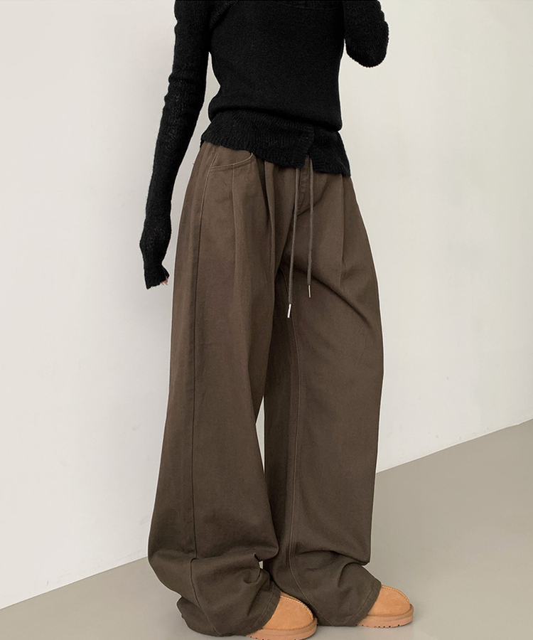 3XL어텀 피치 가공 핀턱 루즈 와이드핏 밴딩 면팬츠 딥브라운