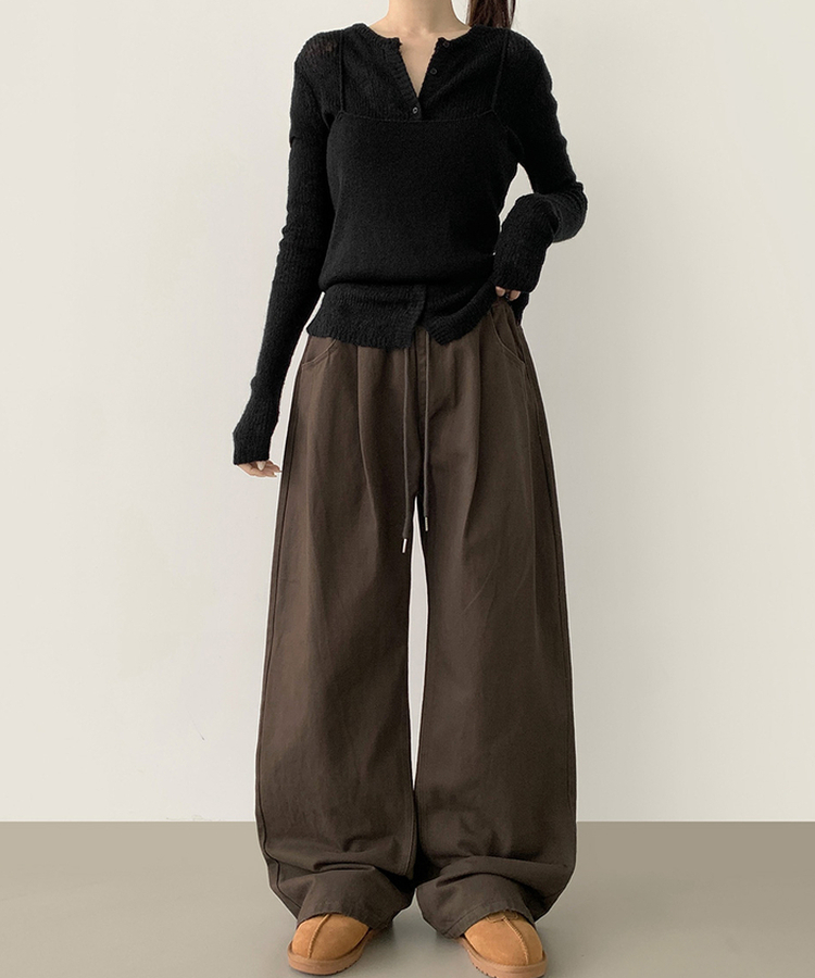 3XL어텀 피치 가공 핀턱 루즈 와이드핏 밴딩 면팬츠 딥브라운