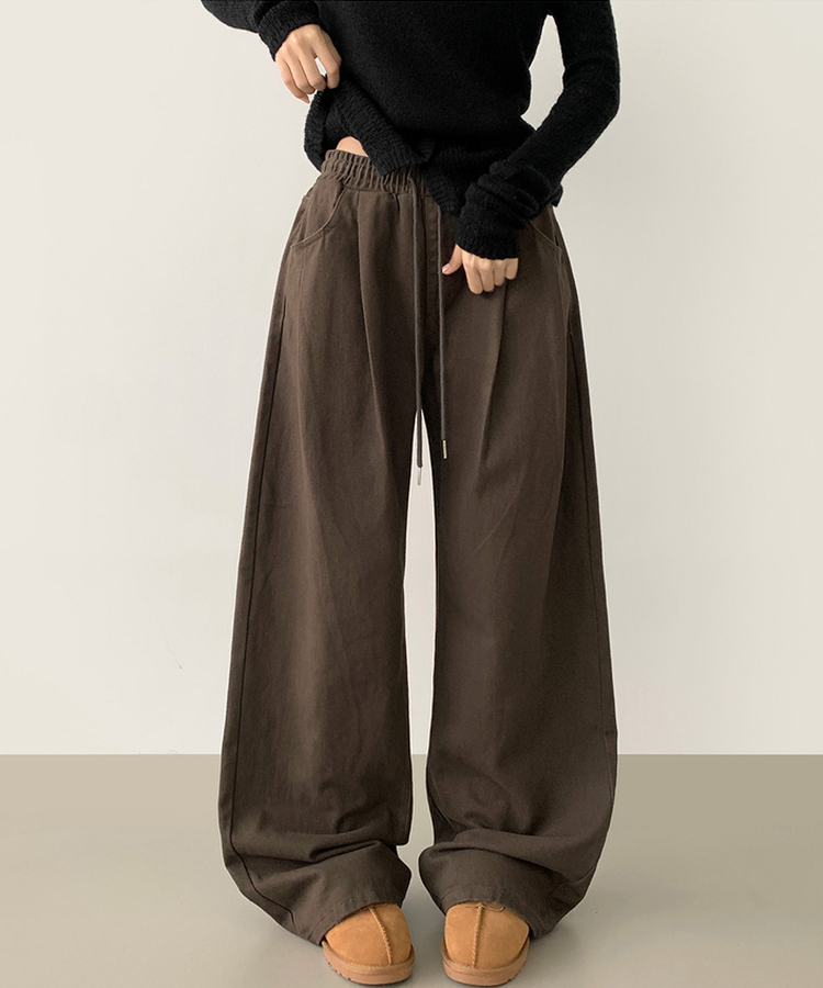 3XL어텀 피치 가공 핀턱 루즈 와이드핏 밴딩 면팬츠 딥브라운