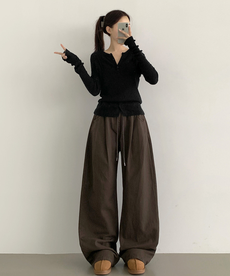 3XL어텀 피치 가공 핀턱 루즈 와이드핏 밴딩 면팬츠 딥브라운