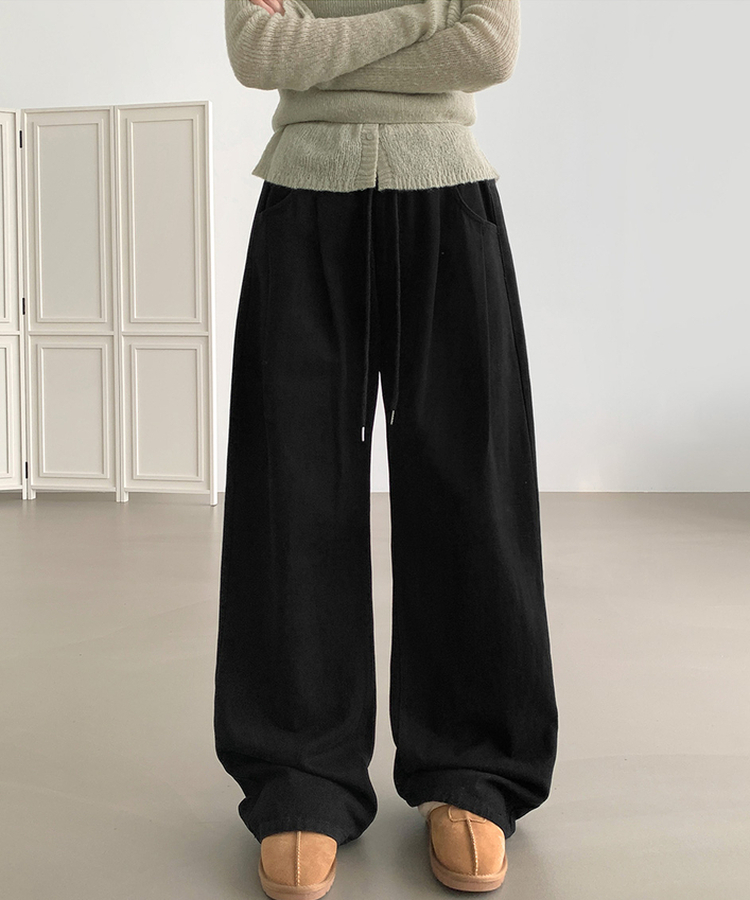 3XL어텀 피치 가공 핀턱 루즈 와이드핏 밴딩 면팬츠 블랙