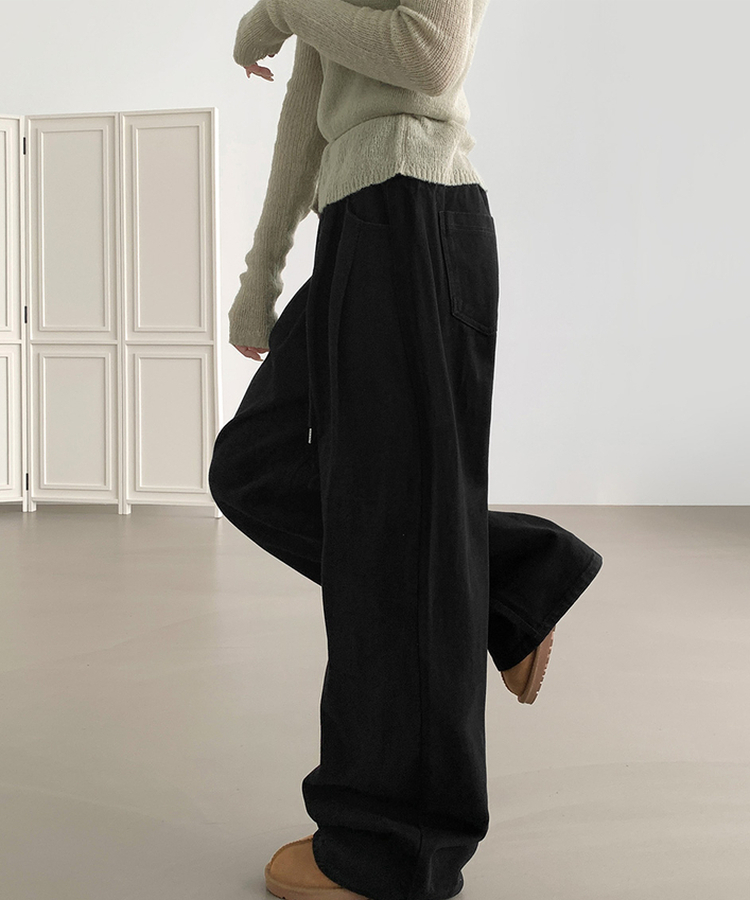 3XL어텀 피치 가공 핀턱 루즈 와이드핏 밴딩 면팬츠 블랙