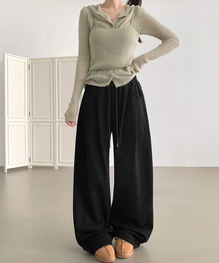 3XL어텀 피치 가공 핀턱 루즈 와이드핏 밴딩 면팬츠 블랙