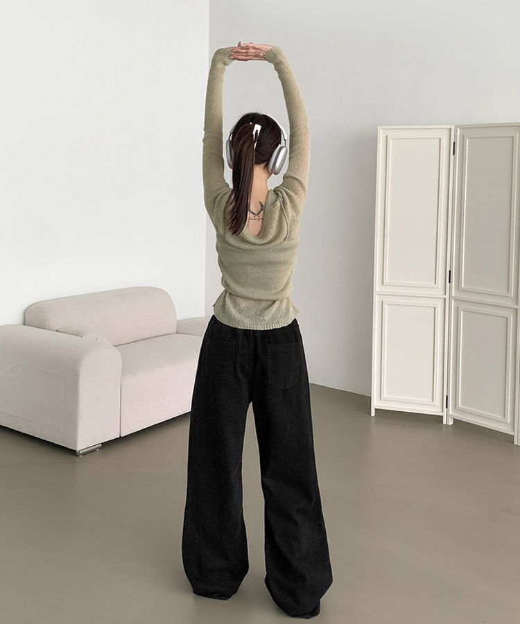 3XL어텀 피치 가공 핀턱 루즈 와이드핏 밴딩 면팬츠 블랙