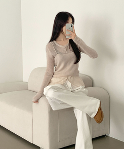 [레이어드/#느좋set]느좋 쫌쫌 짜임 그물 나시 뷔스티에 긴팔 가디건 세트 니트 베이지