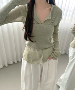 [레이어드/#느좋set]느좋 쫌쫌 짜임 그물 나시 뷔스티에 긴팔 가디건 세트 니트 카키