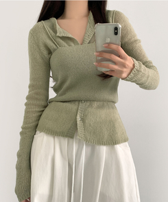 [레이어드/#느좋set]느좋 쫌쫌 짜임 그물 나시 뷔스티에 긴팔 가디건 세트 니트 카키