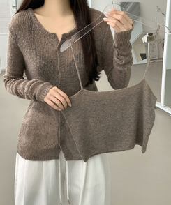 [레이어드/#느좋set]느좋 쫌쫌 짜임 그물 나시 뷔스티에 긴팔 가디건 세트 니트 모카
