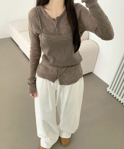 [레이어드/#느좋set]느좋 쫌쫌 짜임 그물 나시 뷔스티에 긴팔 가디건 세트 니트 모카