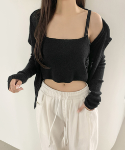 [레이어드/#느좋set]느좋 쫌쫌 짜임 그물 나시 뷔스티에 긴팔 가디건 세트 니트 블랙