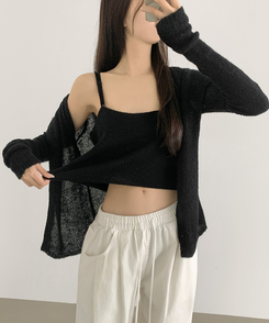 [레이어드/#느좋set]느좋 쫌쫌 짜임 그물 나시 뷔스티에 긴팔 가디건 세트 니트 블랙