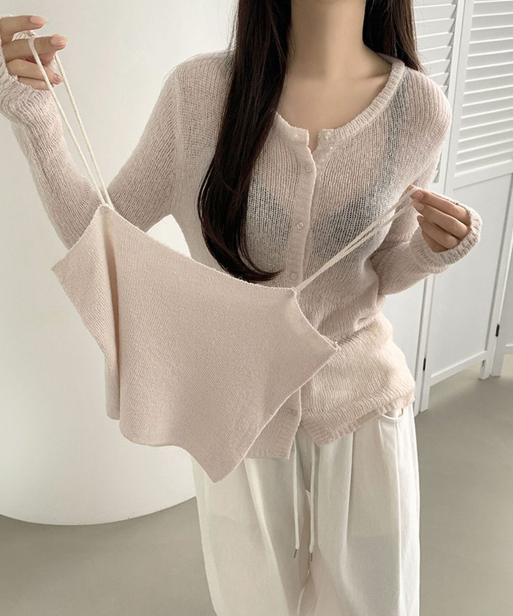 [레이어드/#느좋set]느좋 쫌쫌 짜임 그물 나시 뷔스티에 긴팔 가디건 세트 니트 베이지