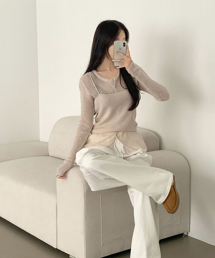 [레이어드/#느좋set]느좋 쫌쫌 짜임 그물 나시 뷔스티에 긴팔 가디건 세트 니트 베이지